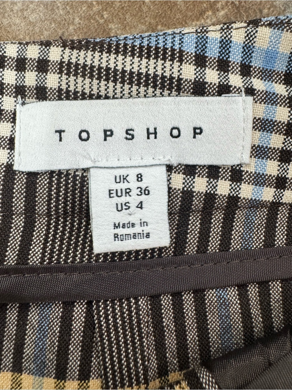 Topshop Brown Blue Plaid Pleated Mini Skirt US 4 Preppy Academia Check - Picture 3 of 4